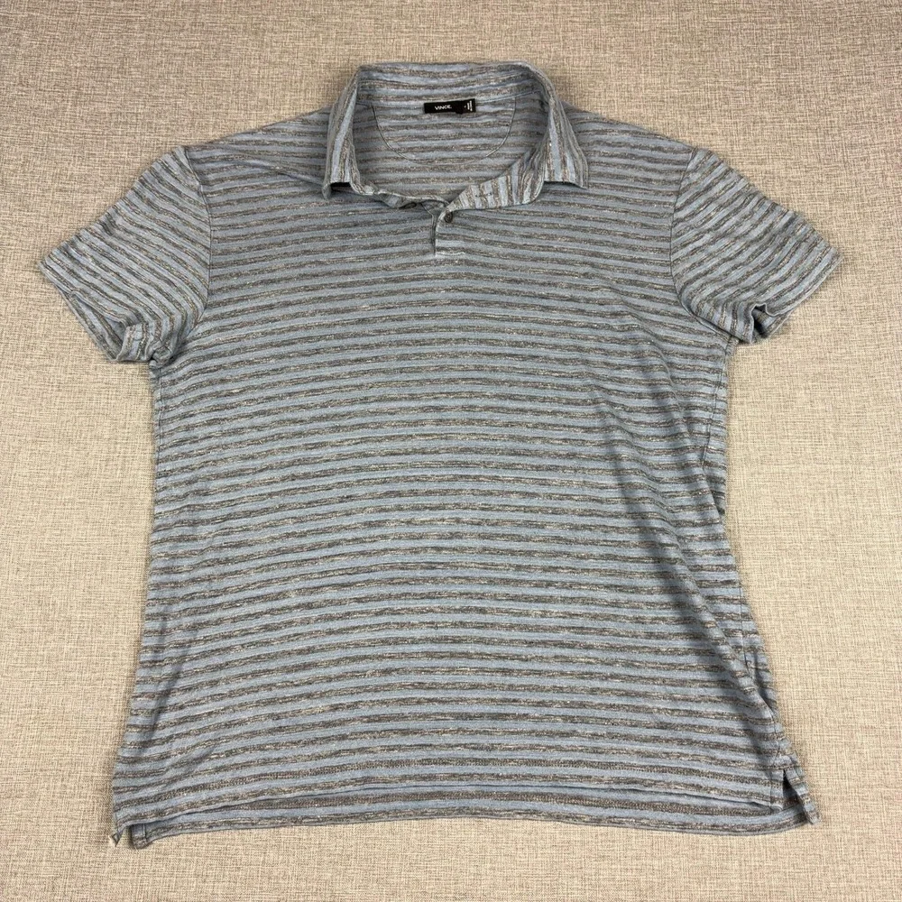 Vince Polo Shirt Mens Large Blue Grey Striped Lightweight Short Sleeve